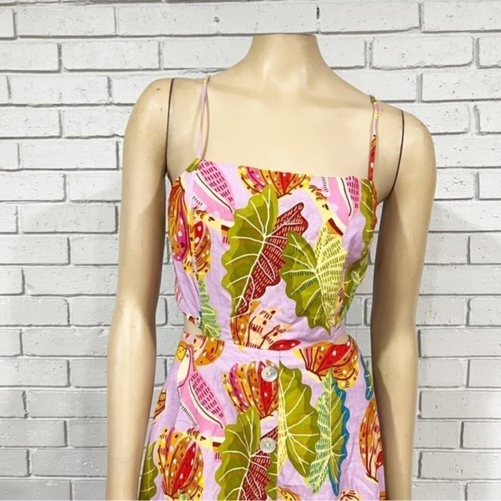 Farm Rio Lilac Beaks and Bananas Print Cutout Midi Dress Button Front Womens | M - Picture 6 of 16